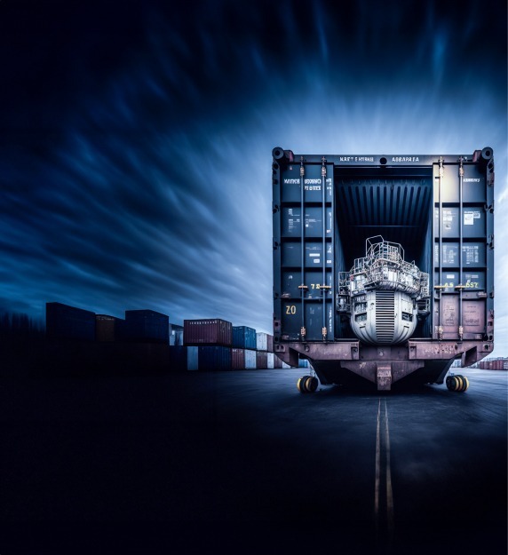 A spaceship loaded inside an open shipping container against a dramatic blue sky, symbolizing futuristic logistics.
